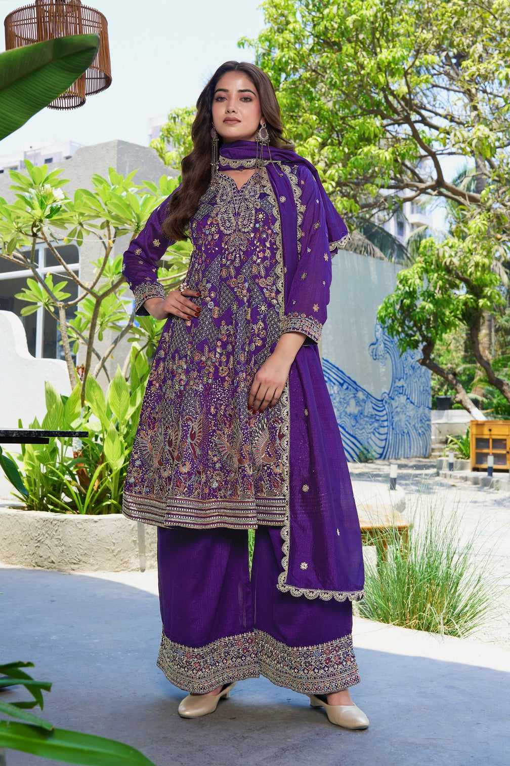 Purple Vichitra Silk Palazzo Set