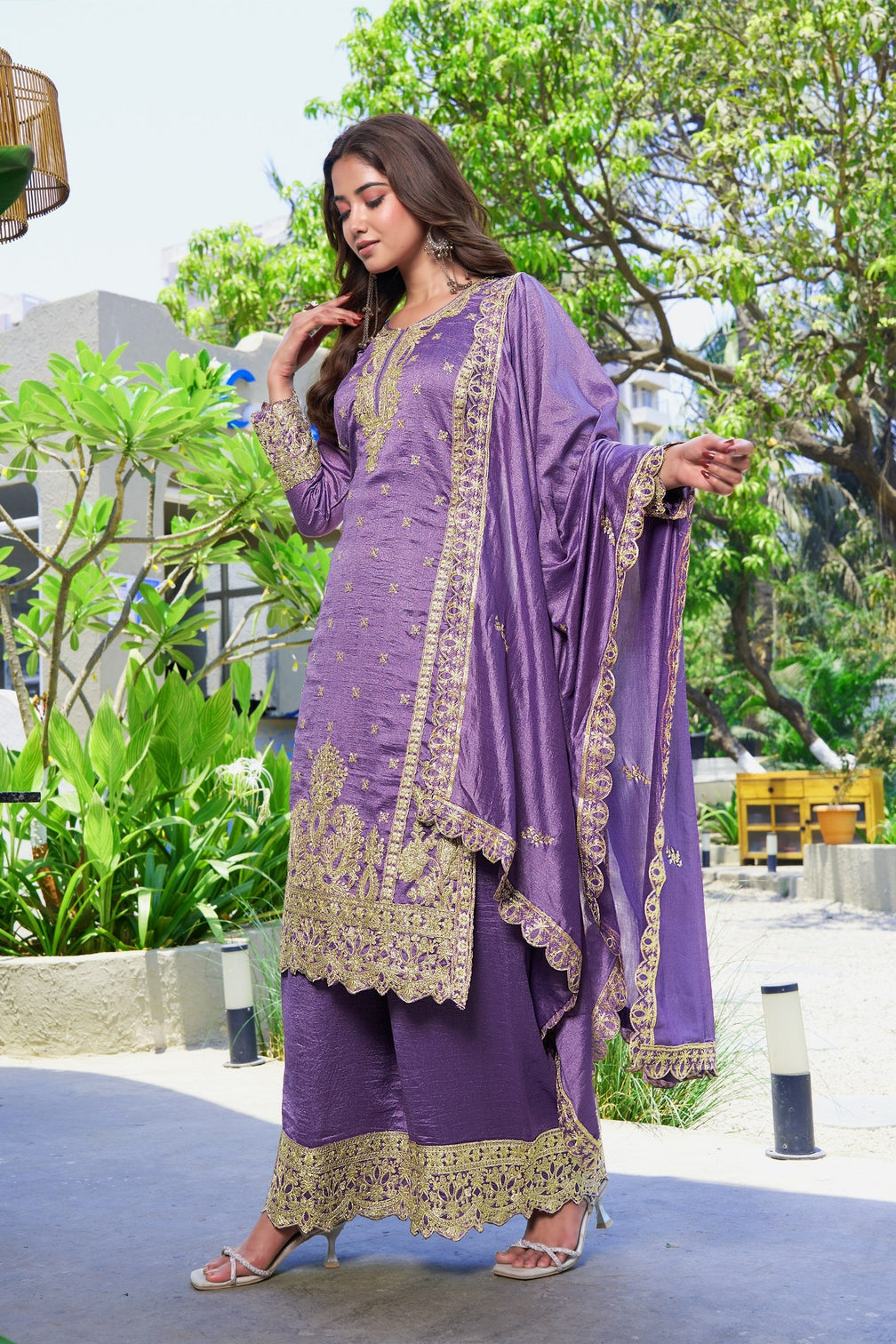 Purple Vichitra Silk Palazzo Set