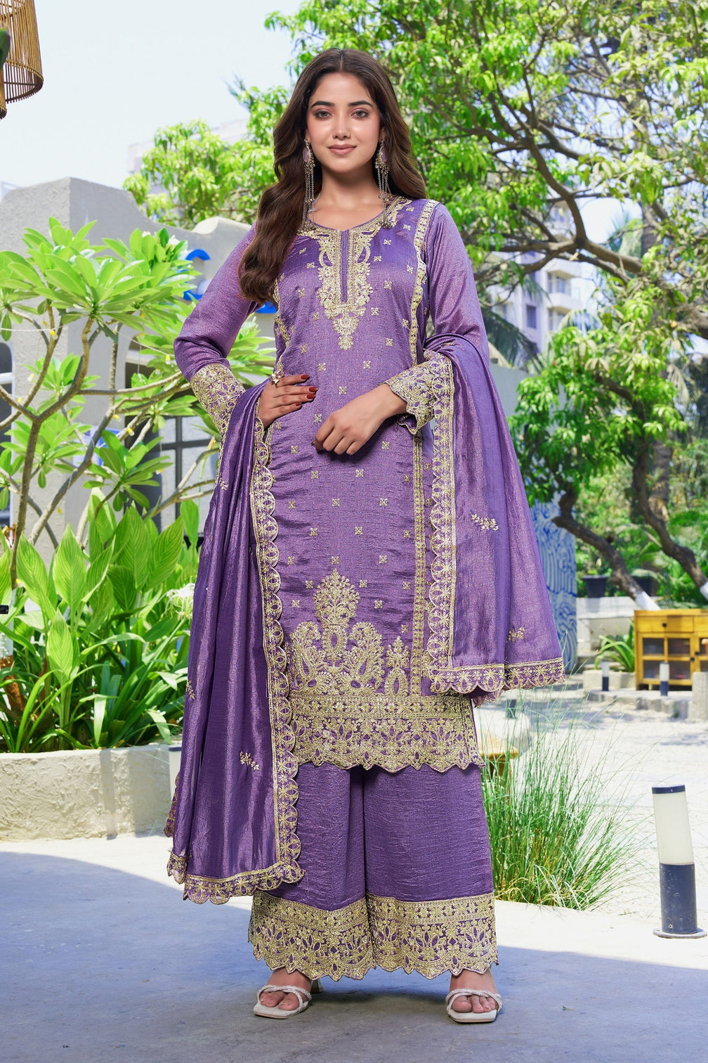 Purple Vichitra Silk Palazzo Set