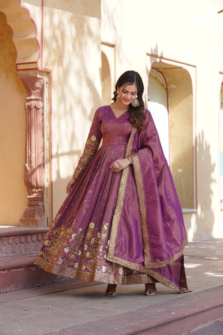 Luxurious Purple Viscose Cosmos Gown with Embroidered Dupatta Set