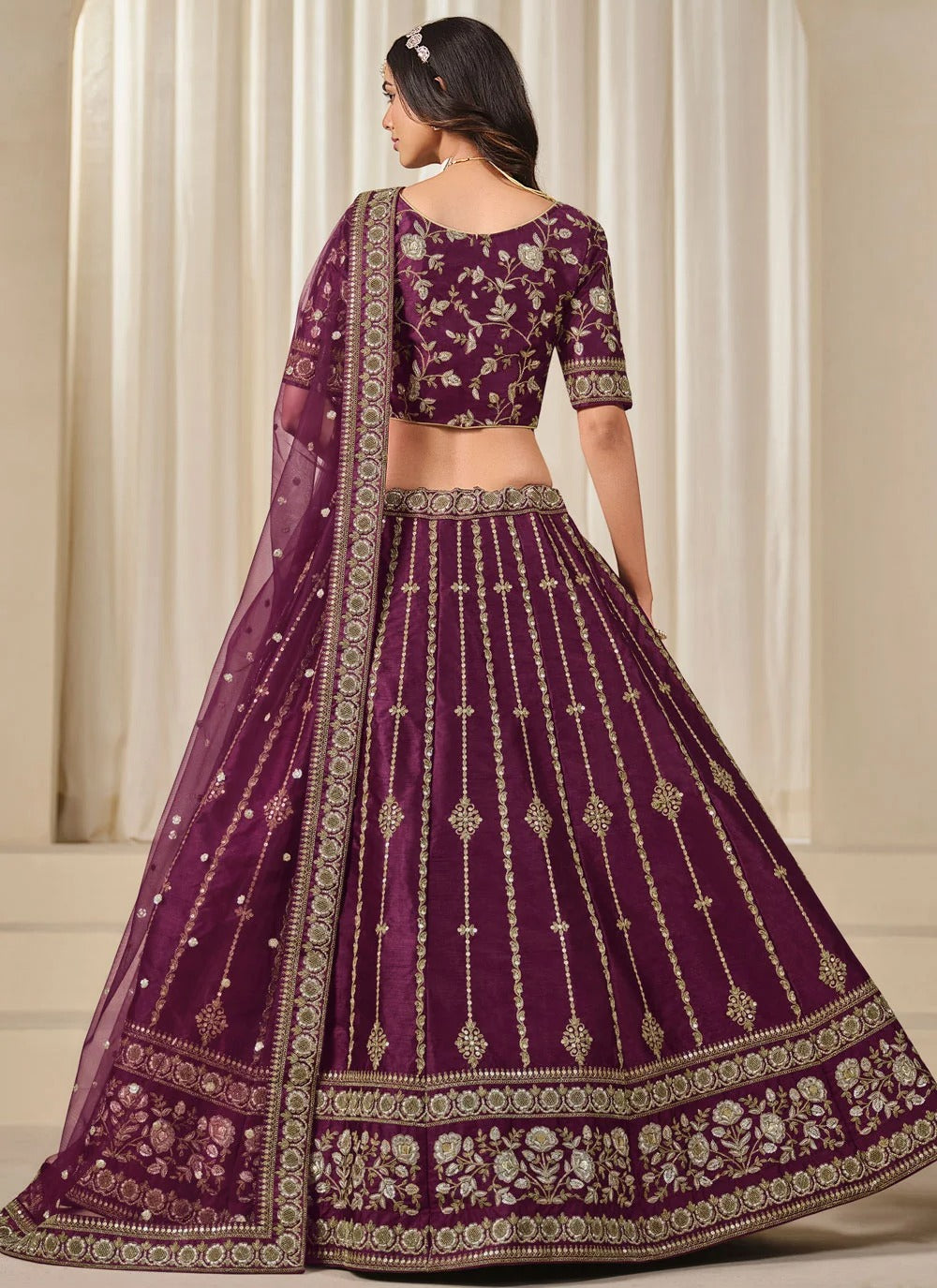 Regal purple bridesmaid lehenga for wedding functions in art silk