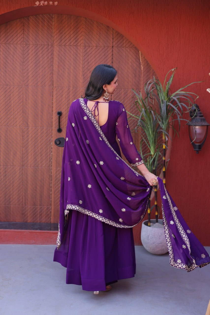 Purple Wedding Wear Embroidered Gown