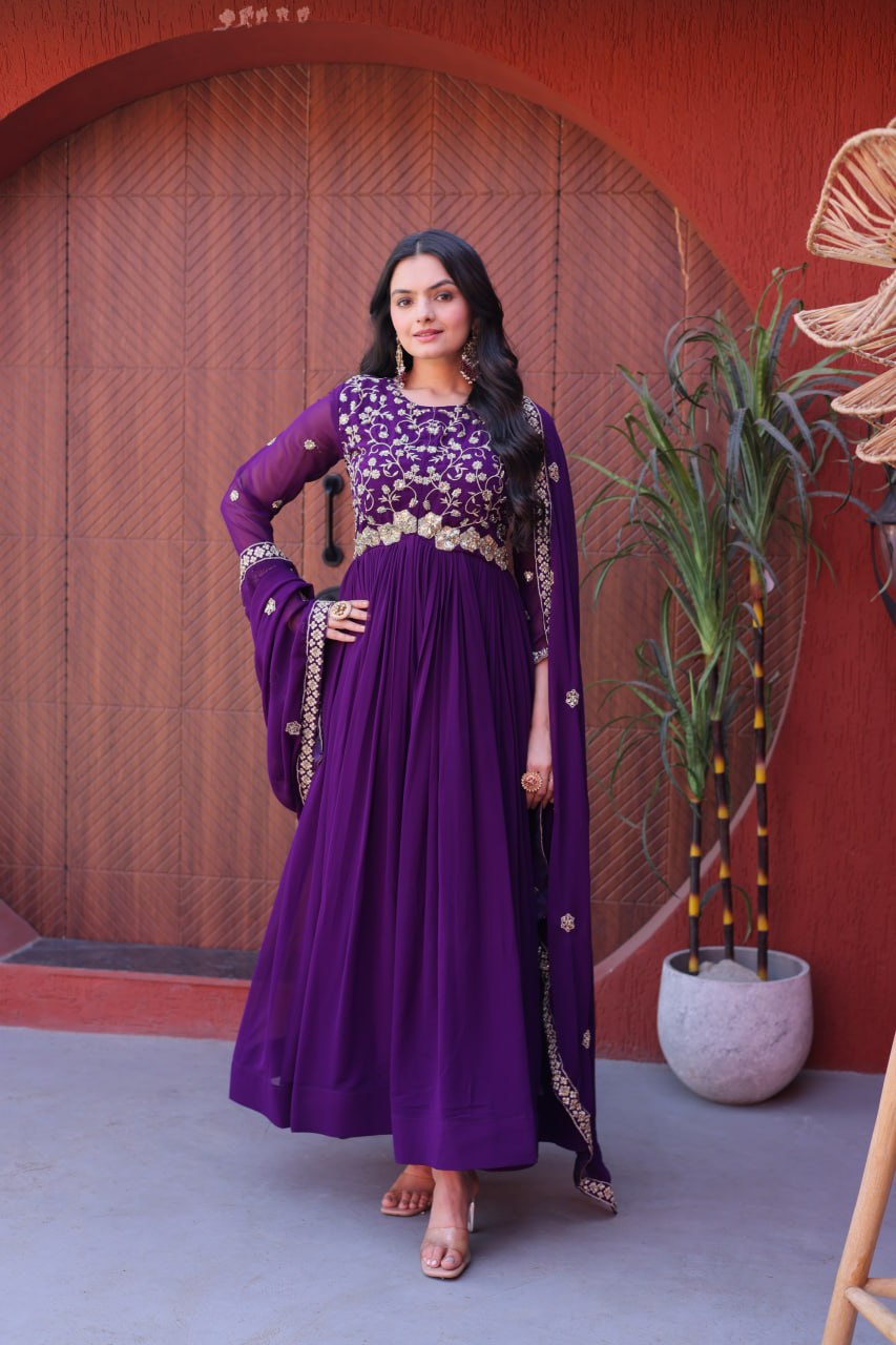 Purple Wedding Wear Embroidered Gown