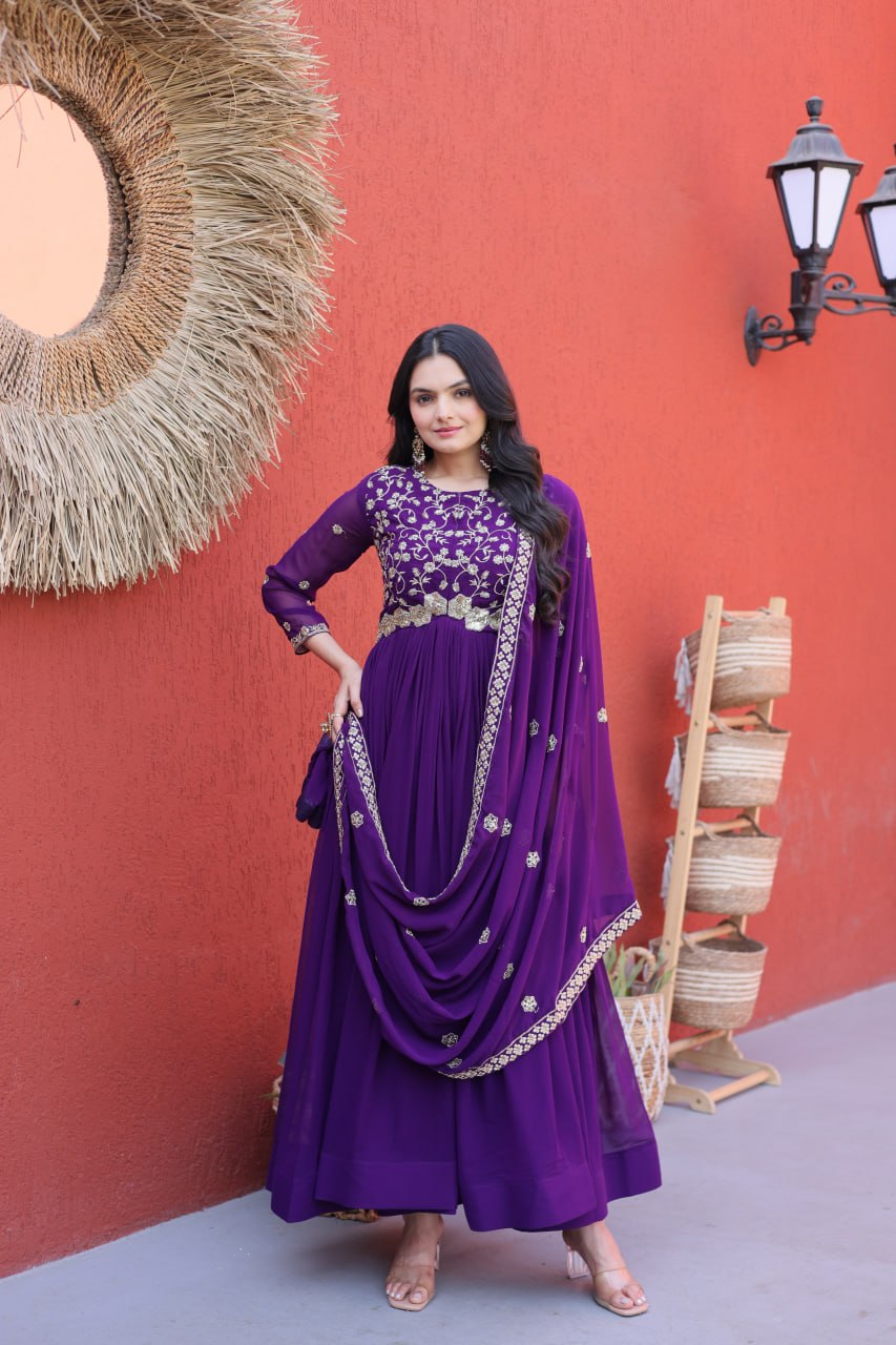 Purple Wedding Wear Embroidered Gown