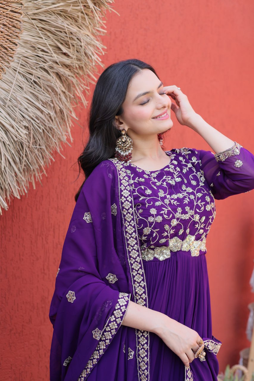 Purple Wedding Wear Embroidered Gown