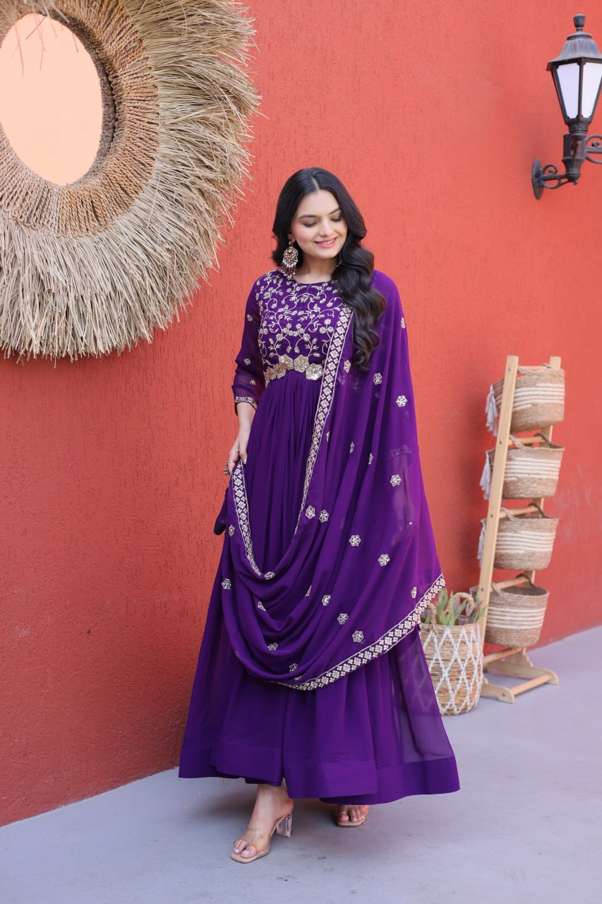 Purple Wedding Wear Embroidered Gown
