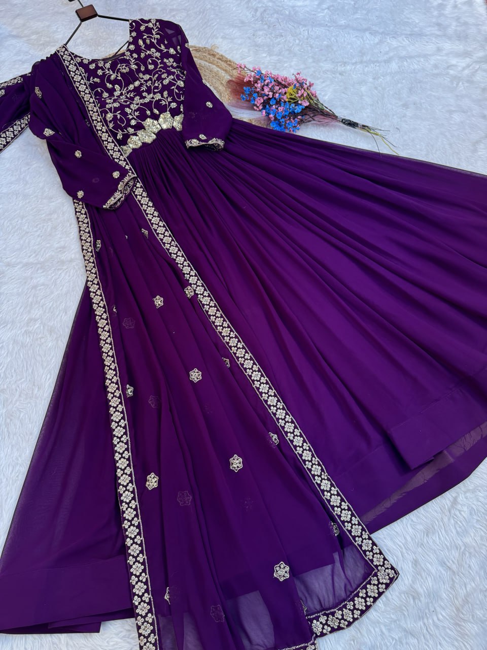 Purple Wedding Wear Embroidered Gown