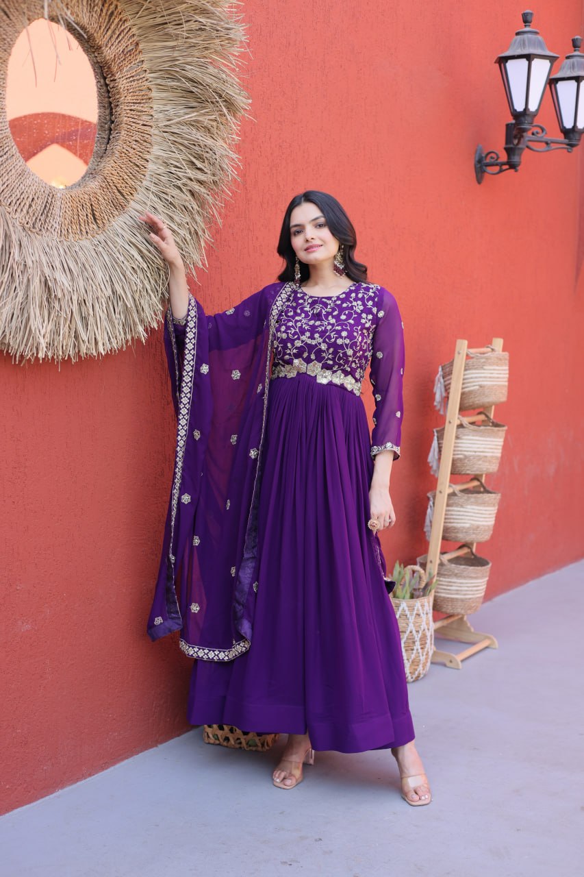 Purple Wedding Wear Embroidered Gown