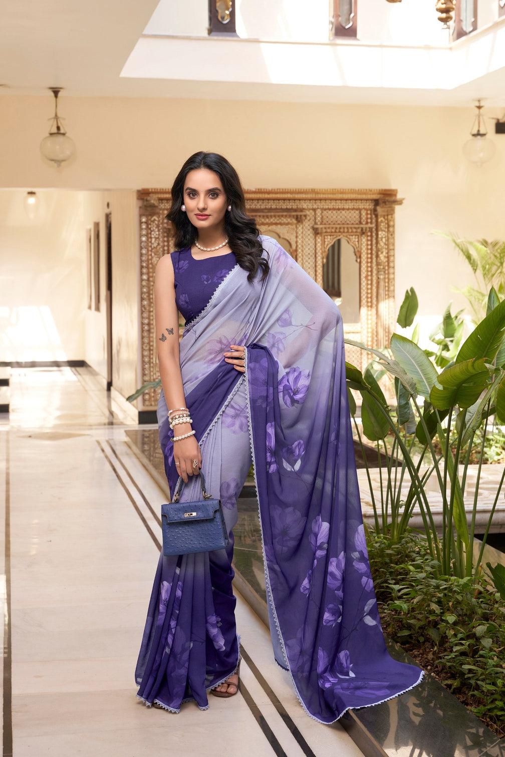 Purple Weightless Marbal Floral Printed Saree with Lace Border & Matching Blouse