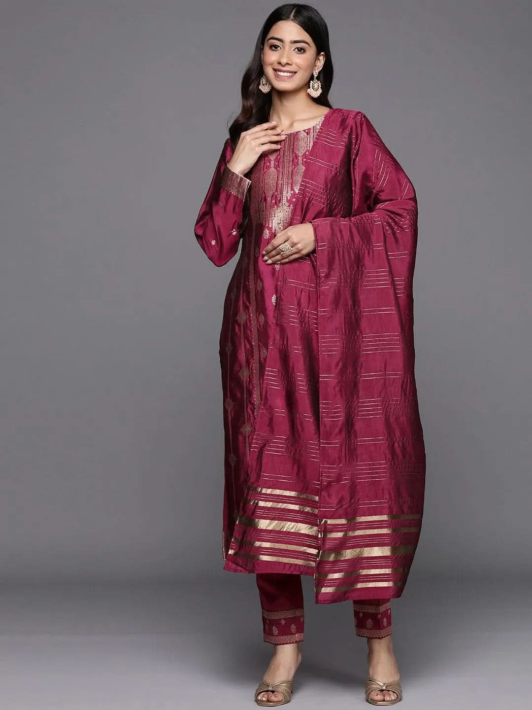 Mameraa Purple Woven Design Silk Blend Straight Kurta With Trousers & Dupatta