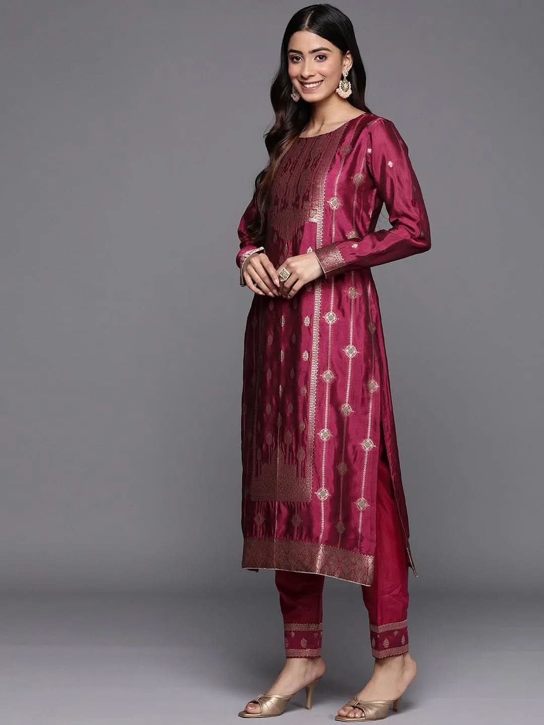 Mameraa Purple Woven Design Silk Blend Straight Kurta With Trousers & Dupatta