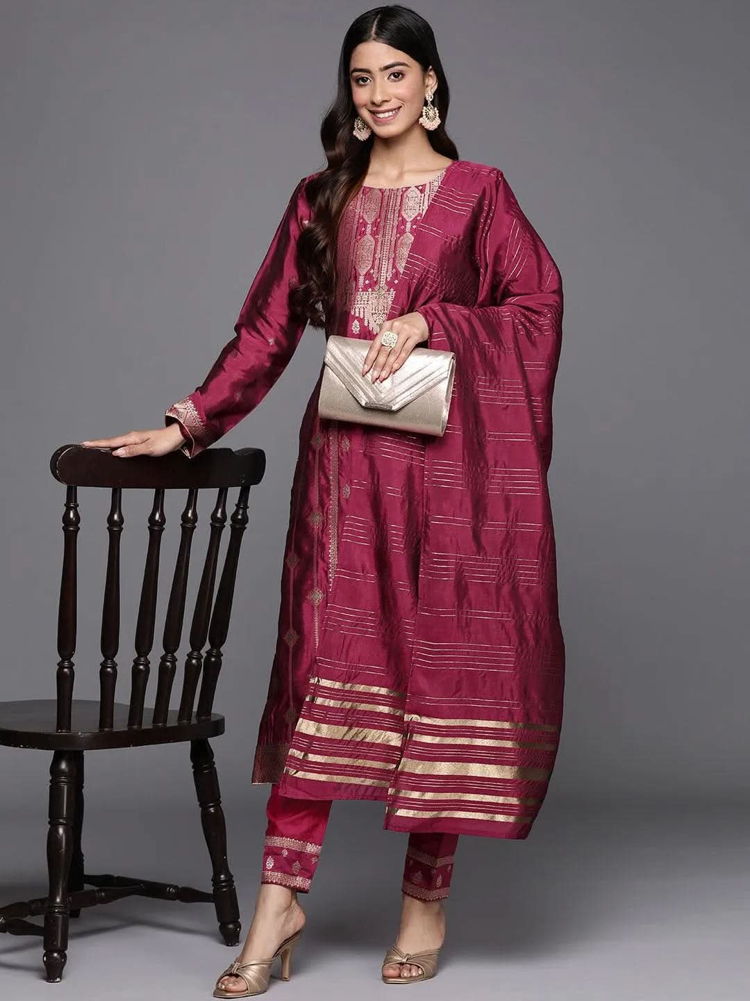 Mameraa Purple Woven Design Silk Blend Straight Kurta With Trousers & Dupatta