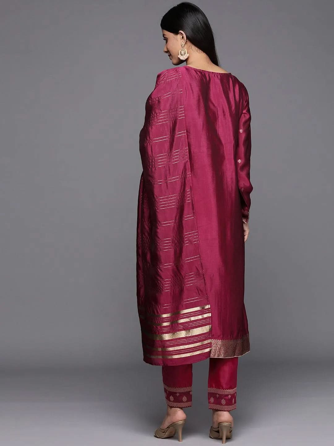 Mameraa Purple Woven Design Silk Blend Straight Kurta With Trousers & Dupatta