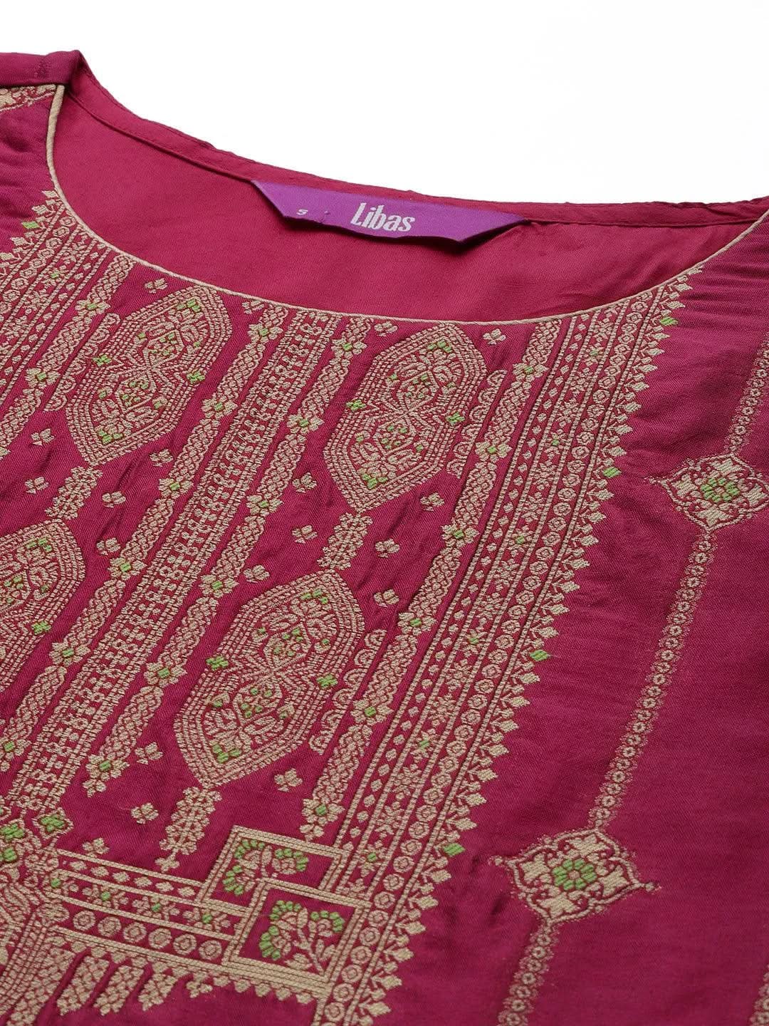 Mameraa Purple Woven Design Silk Blend Straight Kurta With Trousers & Dupatta