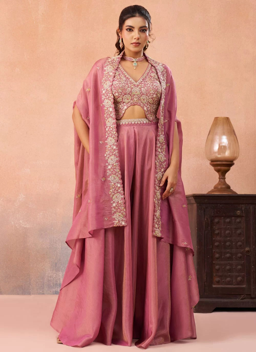 Pyaji pink crepe indo western set with beads embroidered flared cape