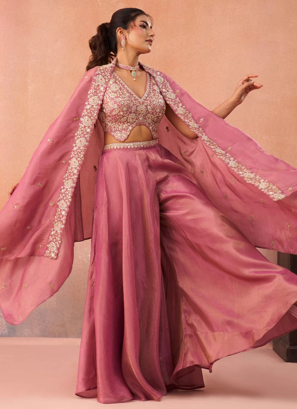 Pyaji pink crepe indo western set with beads embroidered flared cape