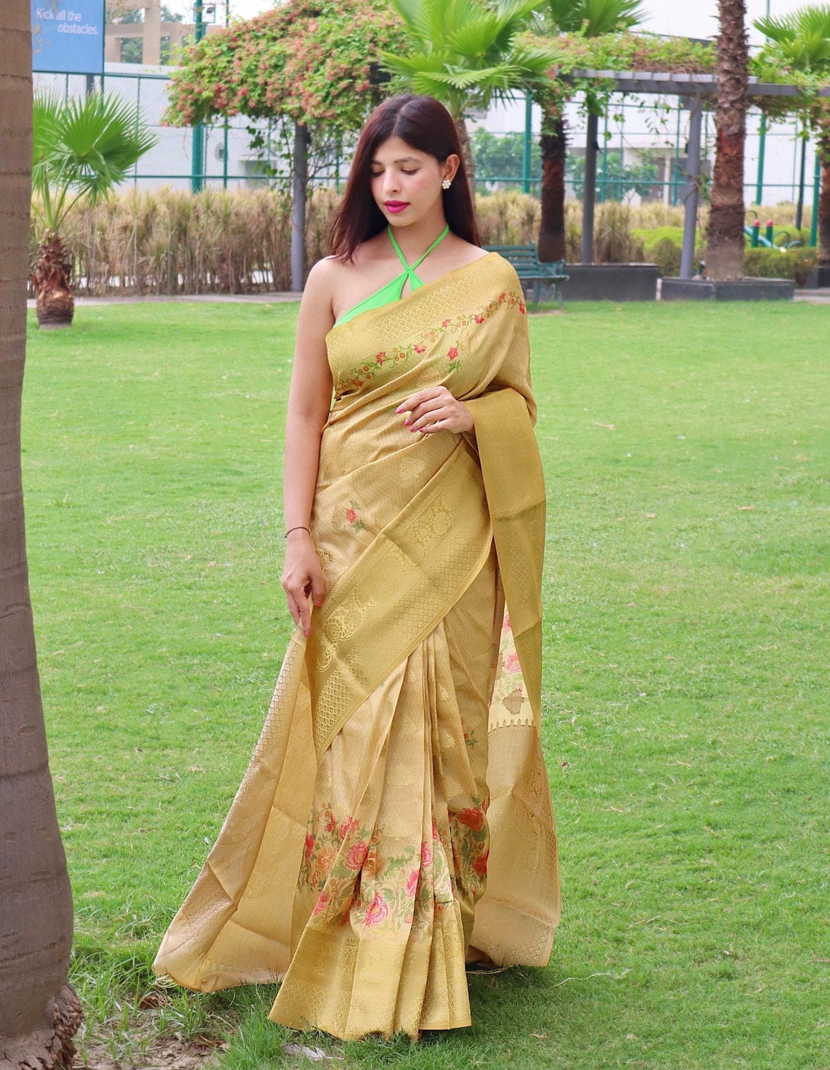 Yellow Saree in Banarasi Silk with Floral Prints