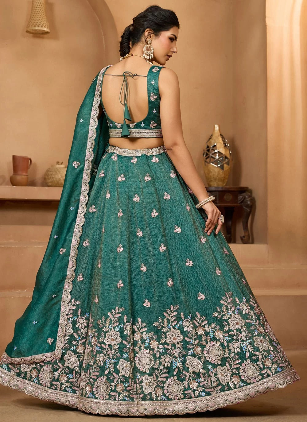 Radiant green tissue lehenga with sequin stone embroidery