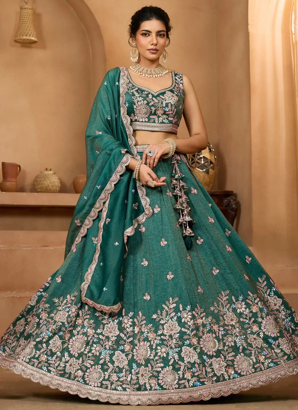 Radiant green tissue lehenga with sequin stone embroidery