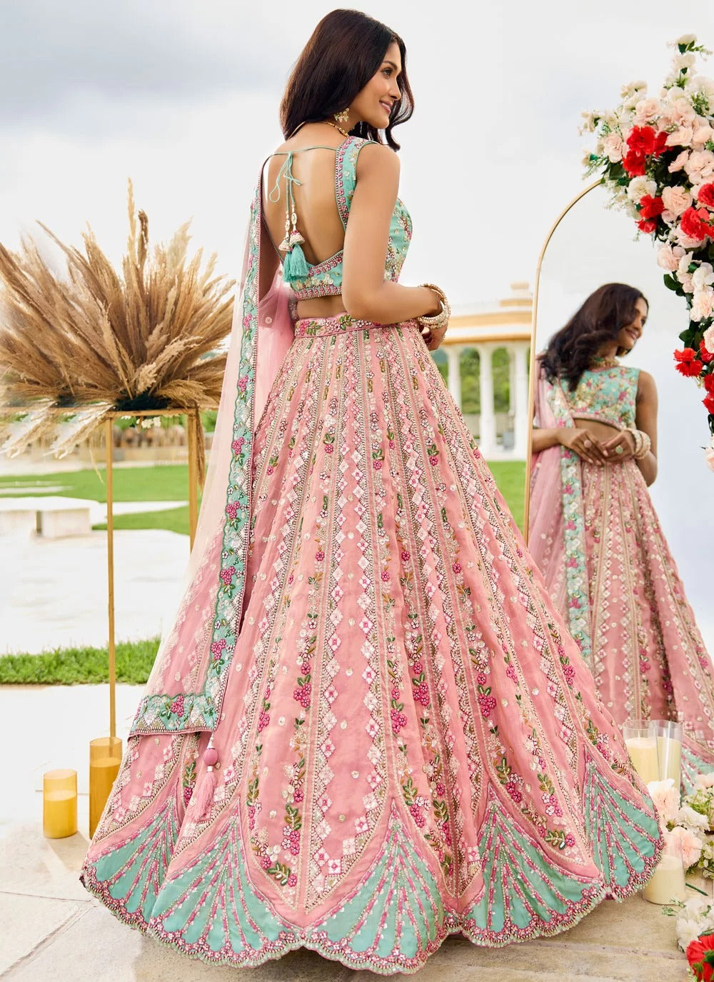 Radiant pink tissue bridesmaid lehenga with sequin work
