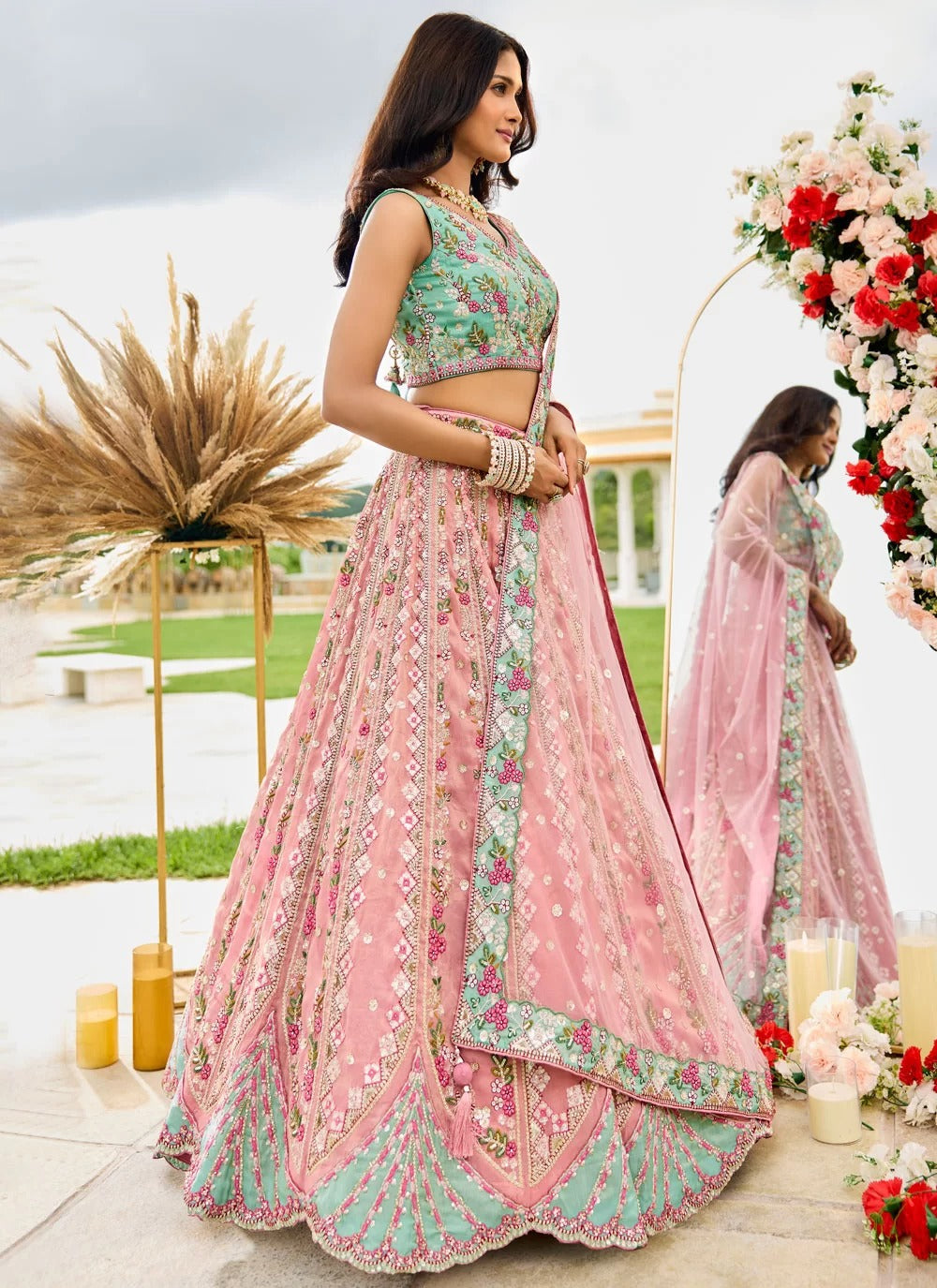 Radiant pink tissue bridesmaid lehenga with sequin work