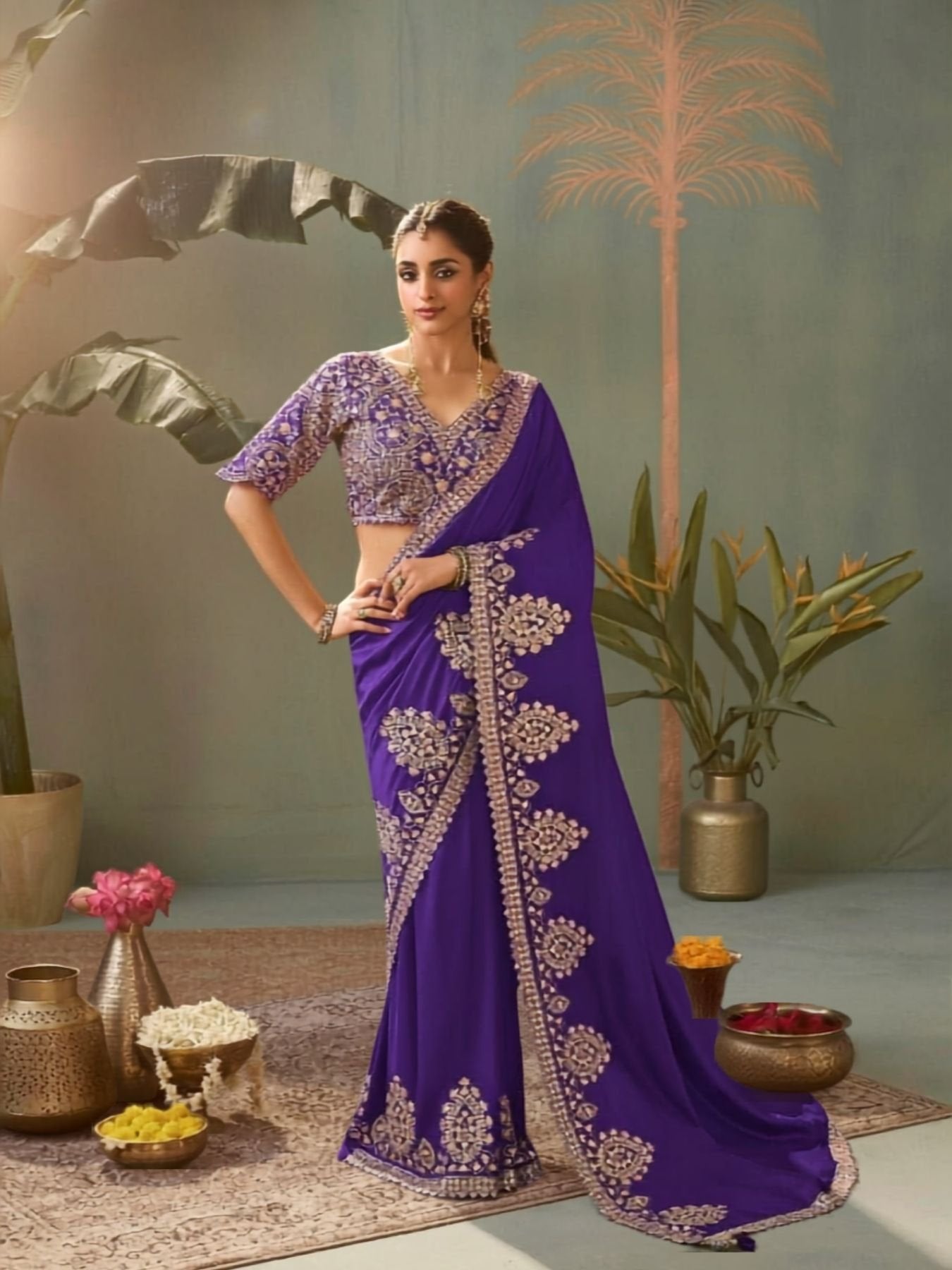 Purple Wedding Special Embroidered Silk Saree with Blouse
