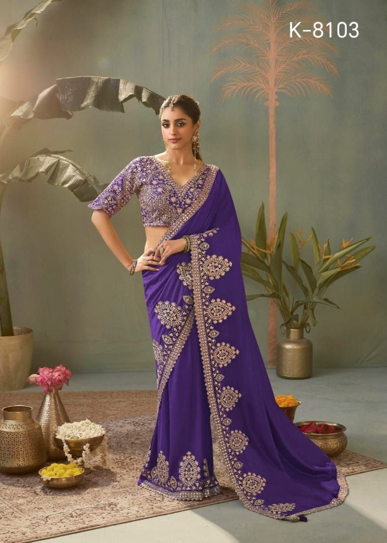 Purple Wedding Special Embroidered Silk Saree with Blouse