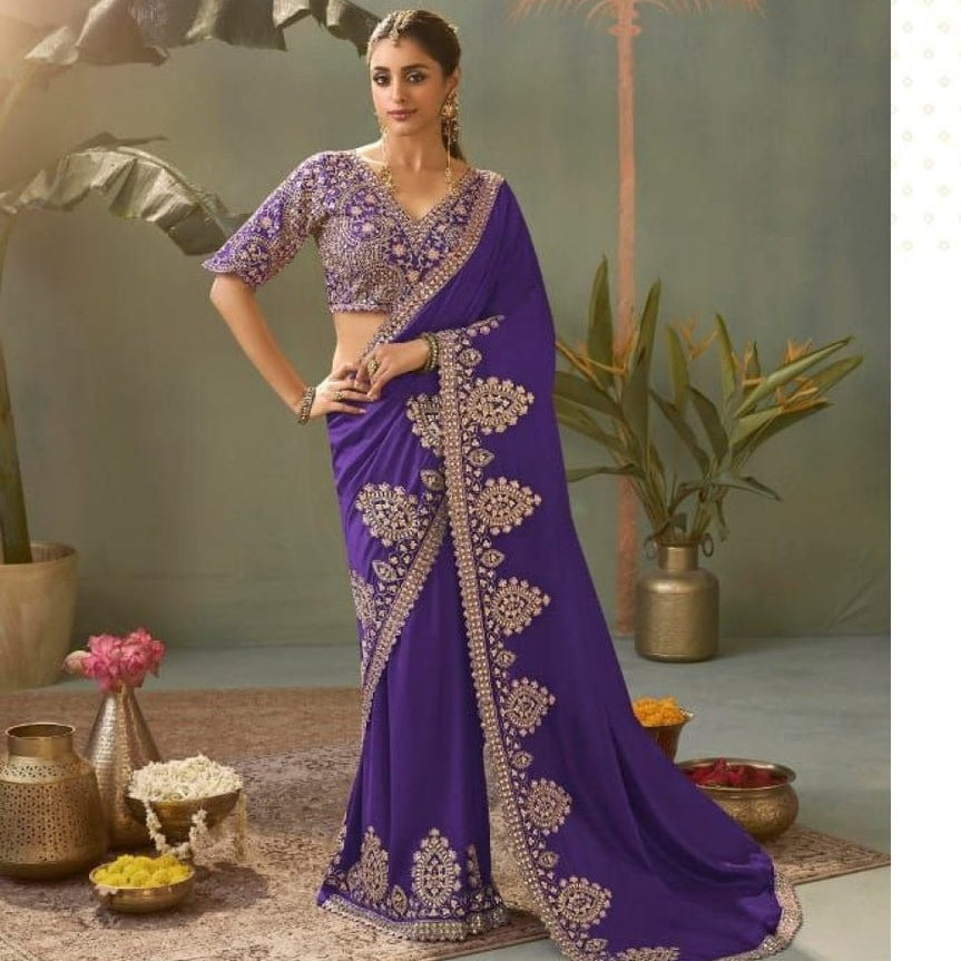 Purple Wedding Special Embroidered Silk Saree with Blouse