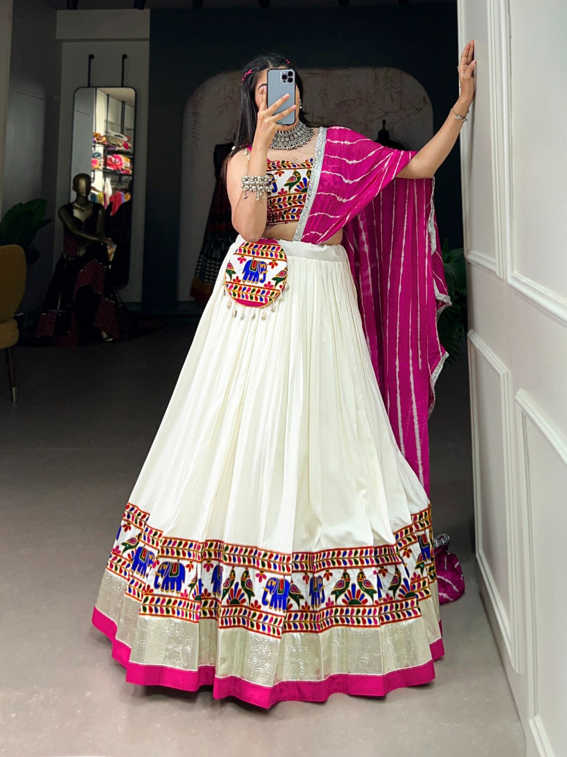 Radiant White Gamthi Work Lehenga Choli Set with Leheriya Dupatta