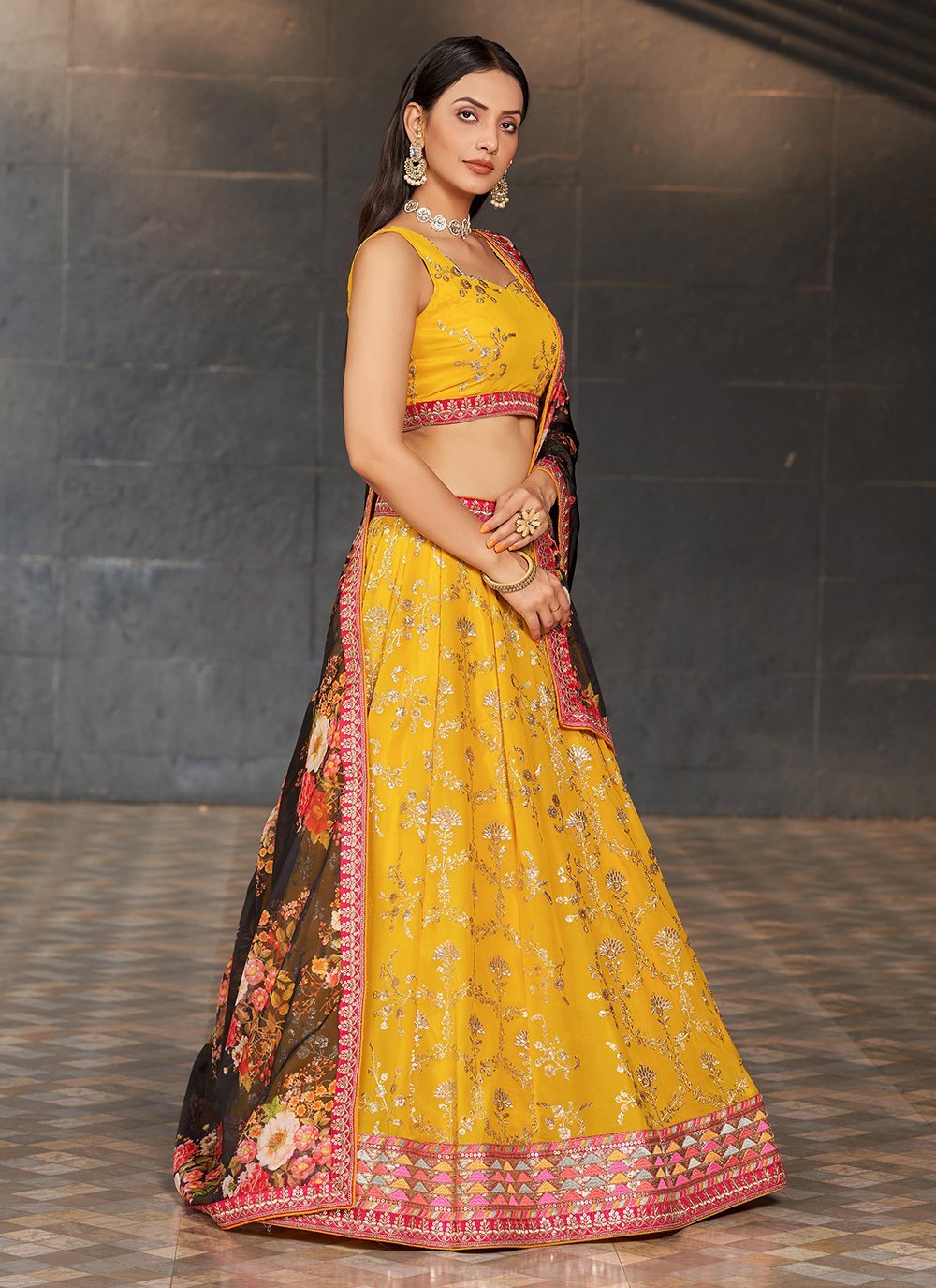 Radiant yellow georgette sequins and digital printed lehenga