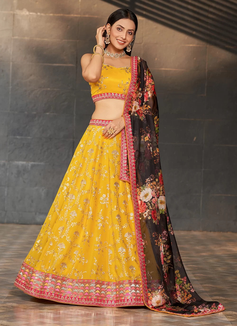 Radiant yellow georgette sequins and digital printed lehenga