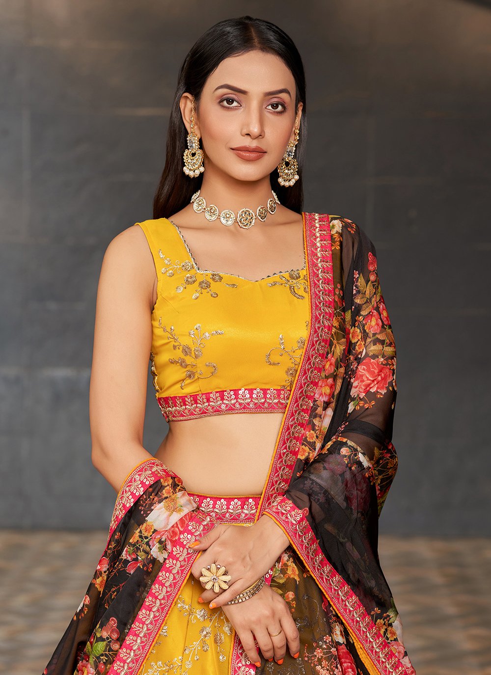 Radiant yellow georgette sequins and digital printed lehenga