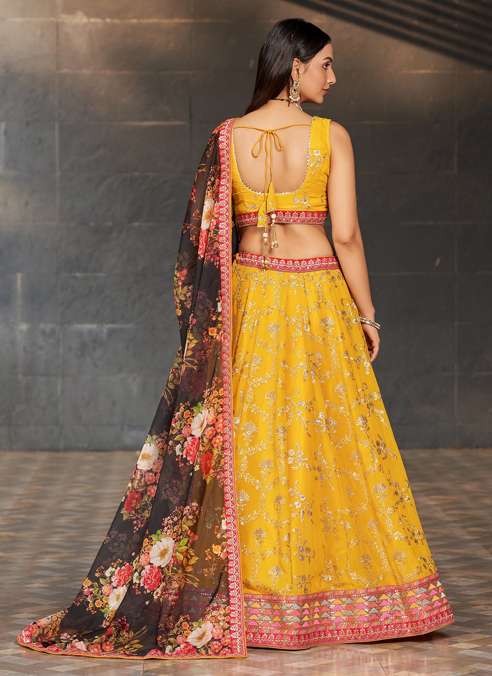 Radiant yellow georgette sequins and digital printed lehenga