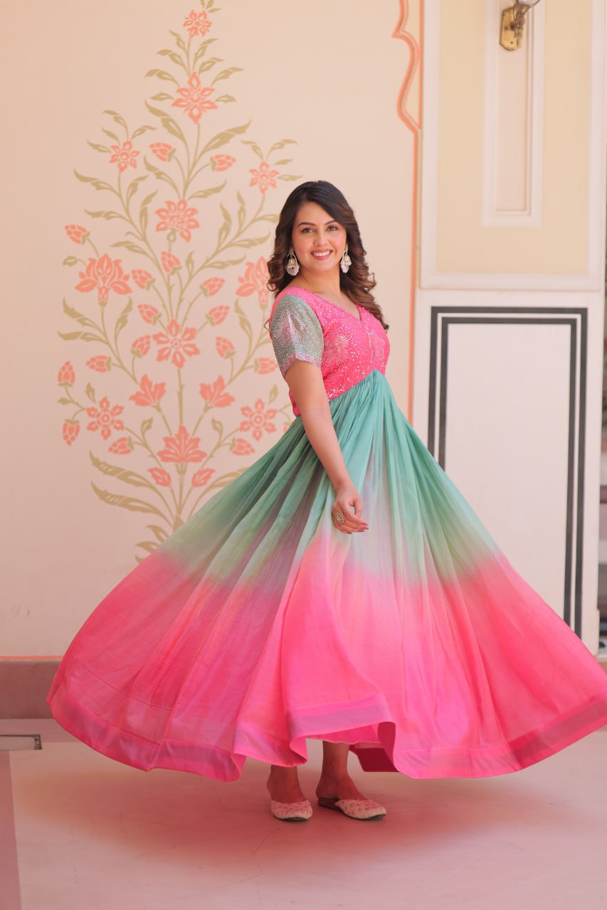 Rainbow Elegant Gold Crush Beads Embroidered Gown – Fully Stitched with Canvas Patta