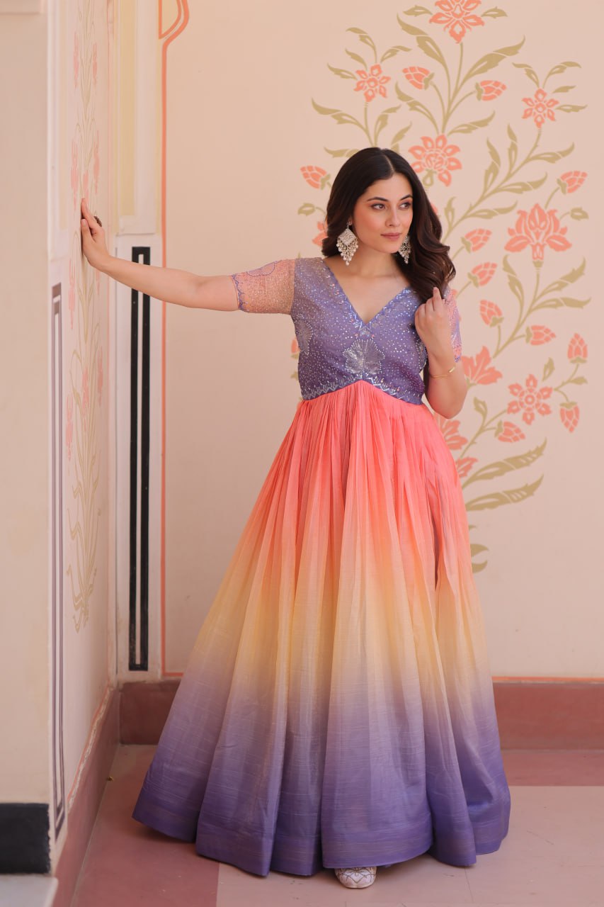 Rainbow Elegant Gold Crush Beads Embroidered Gown – Fully Stitched with Canvas Patta