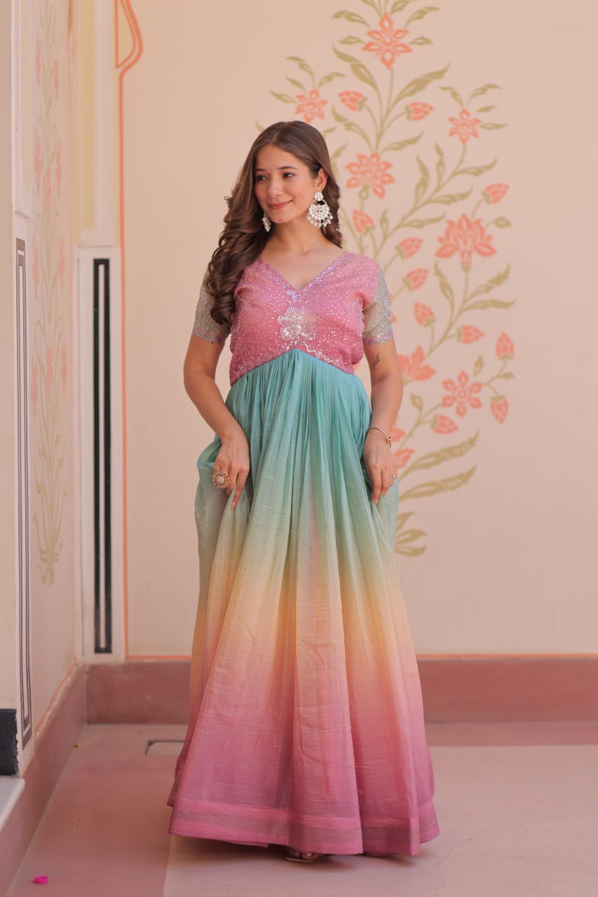 Rainbow Elegant Gold Crush Beads Embroidered Gown – Fully Stitched with Canvas Patta