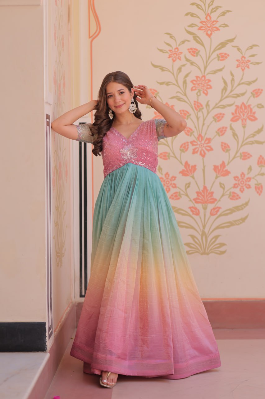 Rainbow Elegant Gold Crush Beads Embroidered Gown – Fully Stitched with Canvas Patta