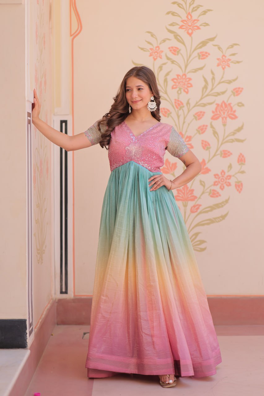 Rainbow Elegant Gold Crush Beads Embroidered Gown – Fully Stitched with Canvas Patta