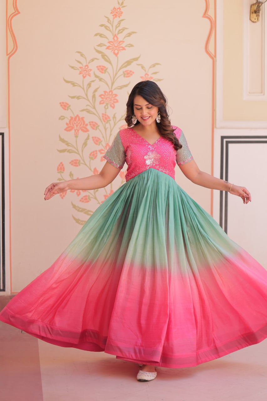 Rainbow Elegant Gold Crush Beads Embroidered Gown – Fully Stitched with Canvas Patta