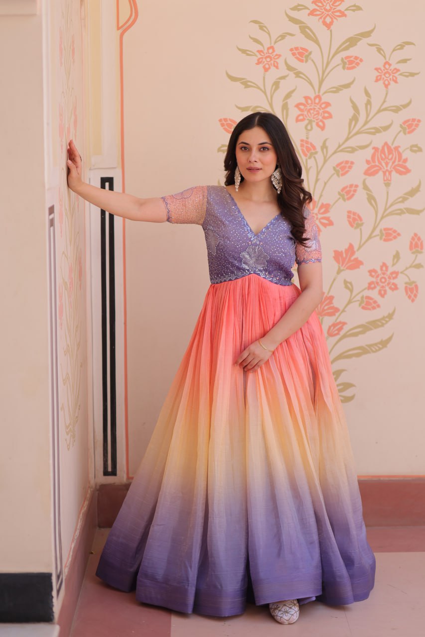 Rainbow Elegant Gold Crush Beads Embroidered Gown – Fully Stitched with Canvas Patta