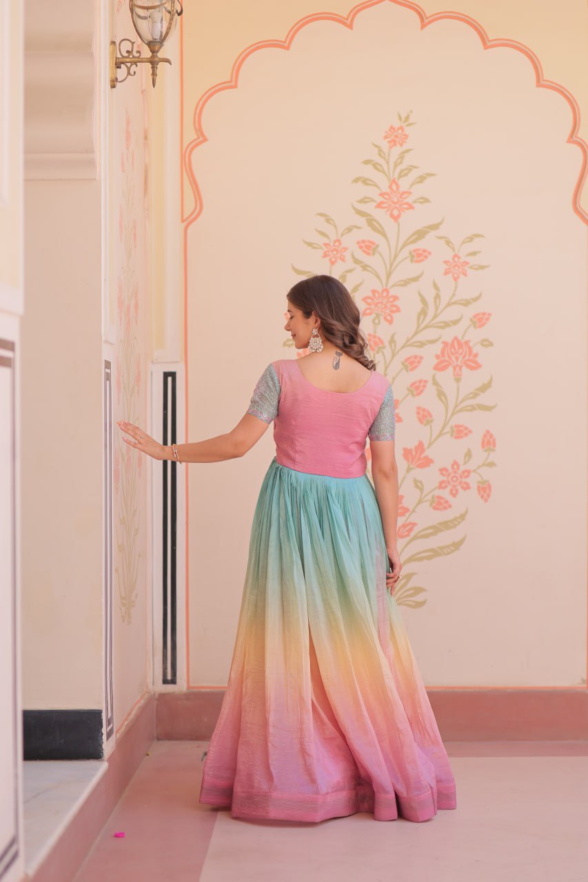 Rainbow Elegant Gold Crush Beads Embroidered Gown – Fully Stitched with Canvas Patta