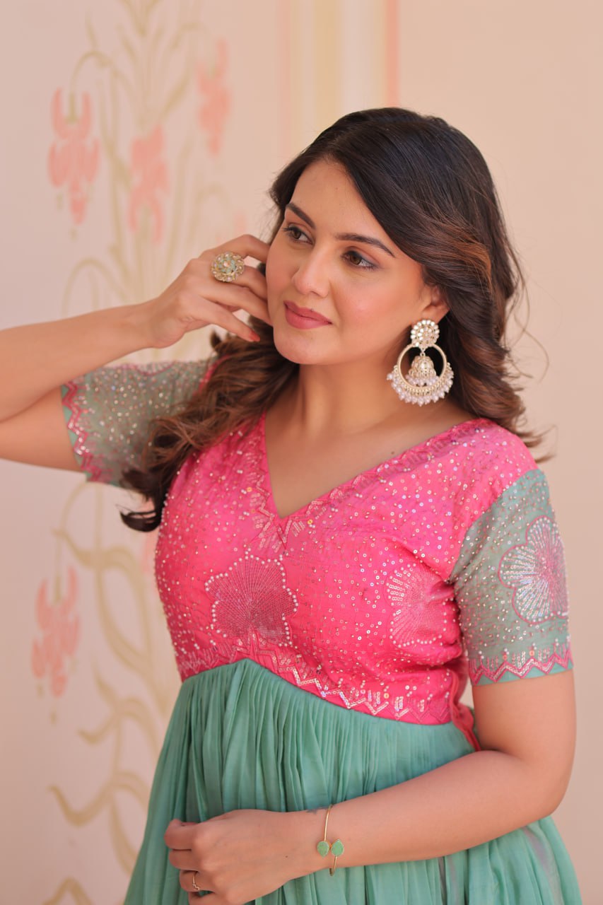 Rainbow Elegant Gold Crush Beads Embroidered Gown – Fully Stitched with Canvas Patta