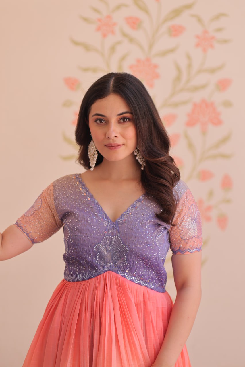 Rainbow Elegant Gold Crush Beads Embroidered Gown – Fully Stitched with Canvas Patta