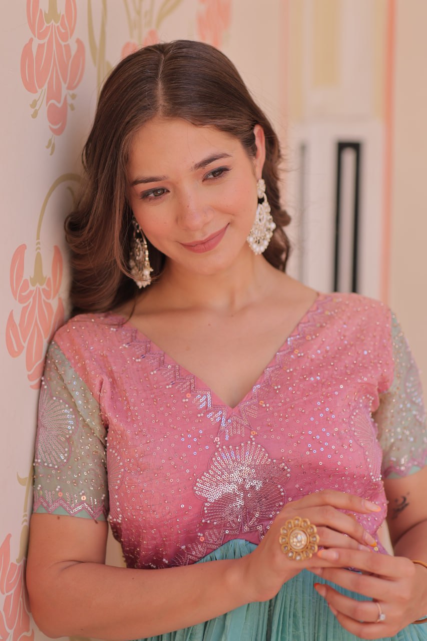 Rainbow Elegant Gold Crush Beads Embroidered Gown – Fully Stitched with Canvas Patta
