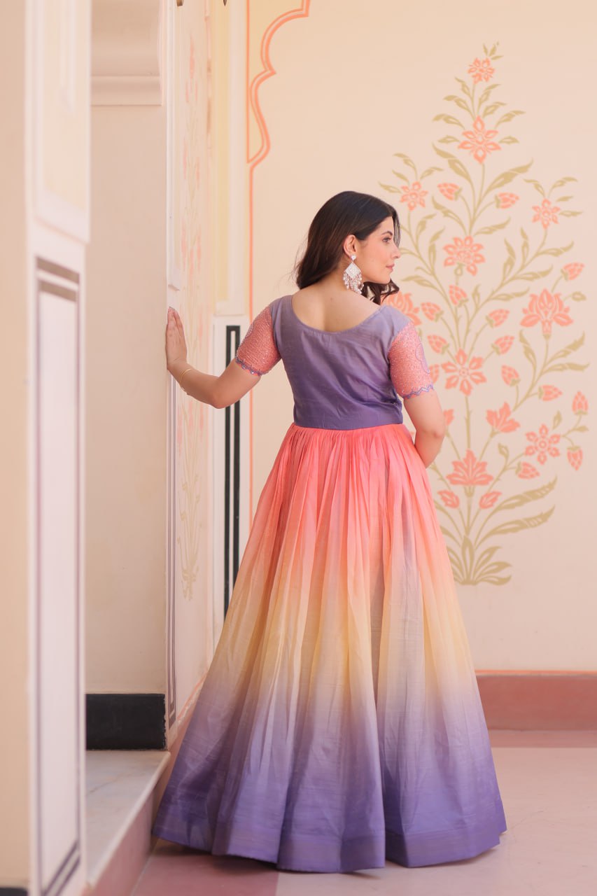 Rainbow Elegant Gold Crush Beads Embroidered Gown – Fully Stitched with Canvas Patta