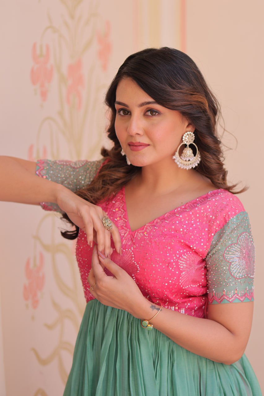 Rainbow Elegant Gold Crush Beads Embroidered Gown – Fully Stitched with Canvas Patta
