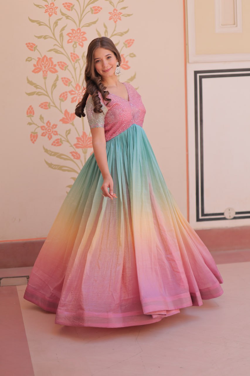 Rainbow Elegant Gold Crush Beads Embroidered Gown – Fully Stitched with Canvas Patta