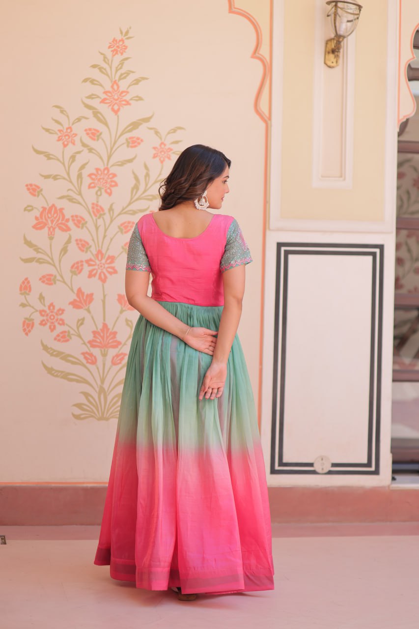 Rainbow Elegant Gold Crush Beads Embroidered Gown – Fully Stitched with Canvas Patta