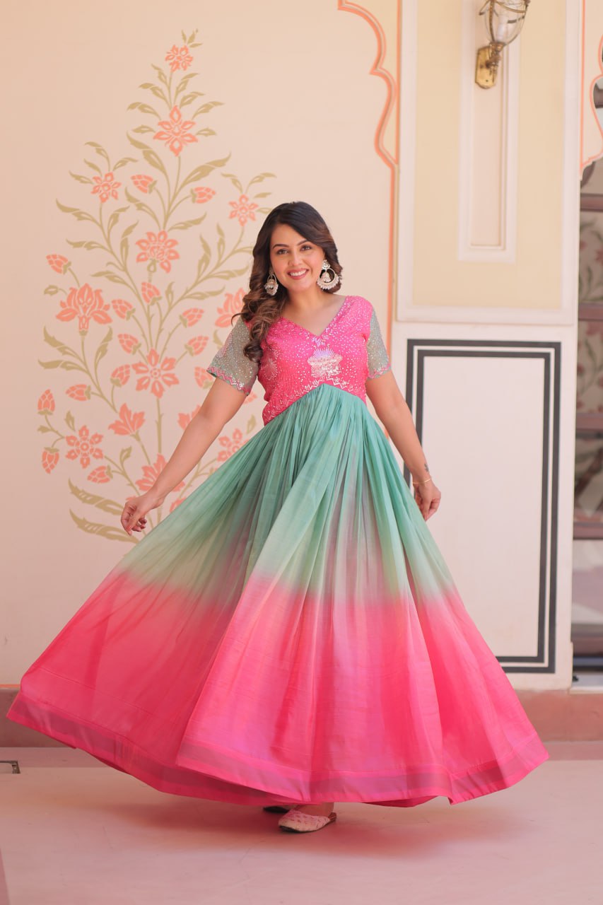 Rainbow Elegant Gold Crush Beads Embroidered Gown – Fully Stitched with Canvas Patta