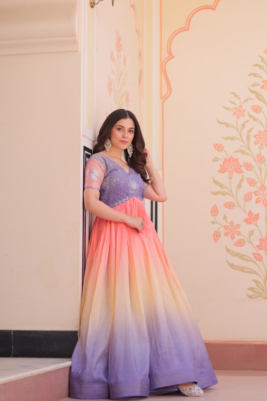 Rainbow Elegant Gold Crush Beads Embroidered Gown – Fully Stitched with Canvas Patta